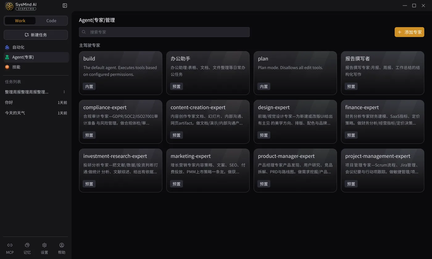 SysMind AI 企业专家库界面，展示不同业务领域的专家卡片
